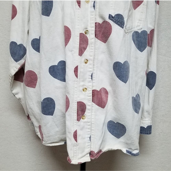 Vintage 80s Carolina Colours 11 White Blue Red Heart Denim V-neck Button Up Top - Picture 6 of 13